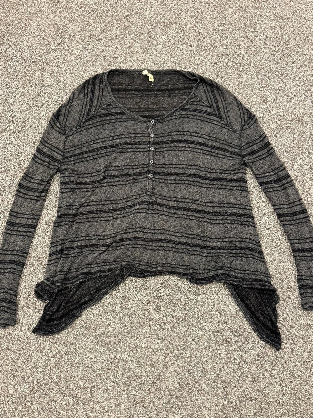 Free People “We the Free” Striped High-Low Long Sleeve Henley Top - Gray